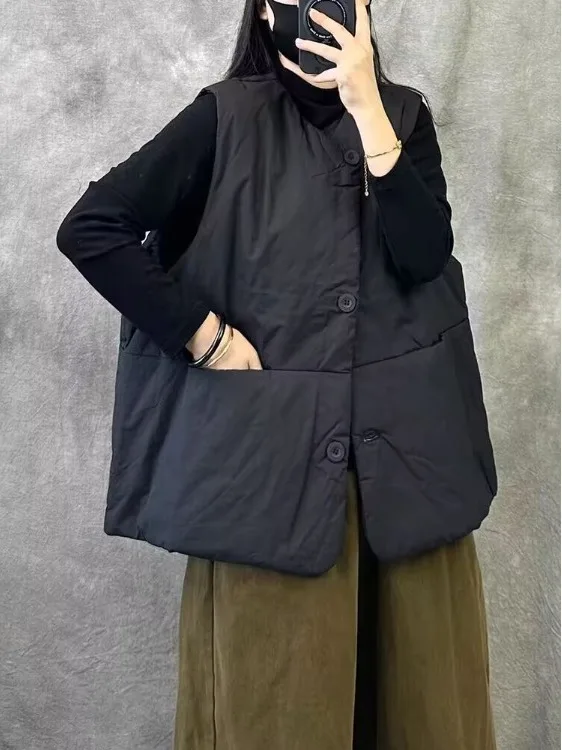 

Bla Cotton Linerl Svel Vest Women's Loose Sle Autumn Winter Faion Commute Thiened ort Coat Single Button