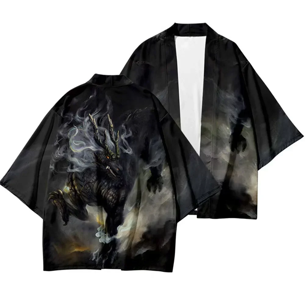 Fashion Dark Dragon Red Sun Cloud Haori Traditional Open Front Kimono Cardigan Summer Loose Breathable Unisex Coat Tops