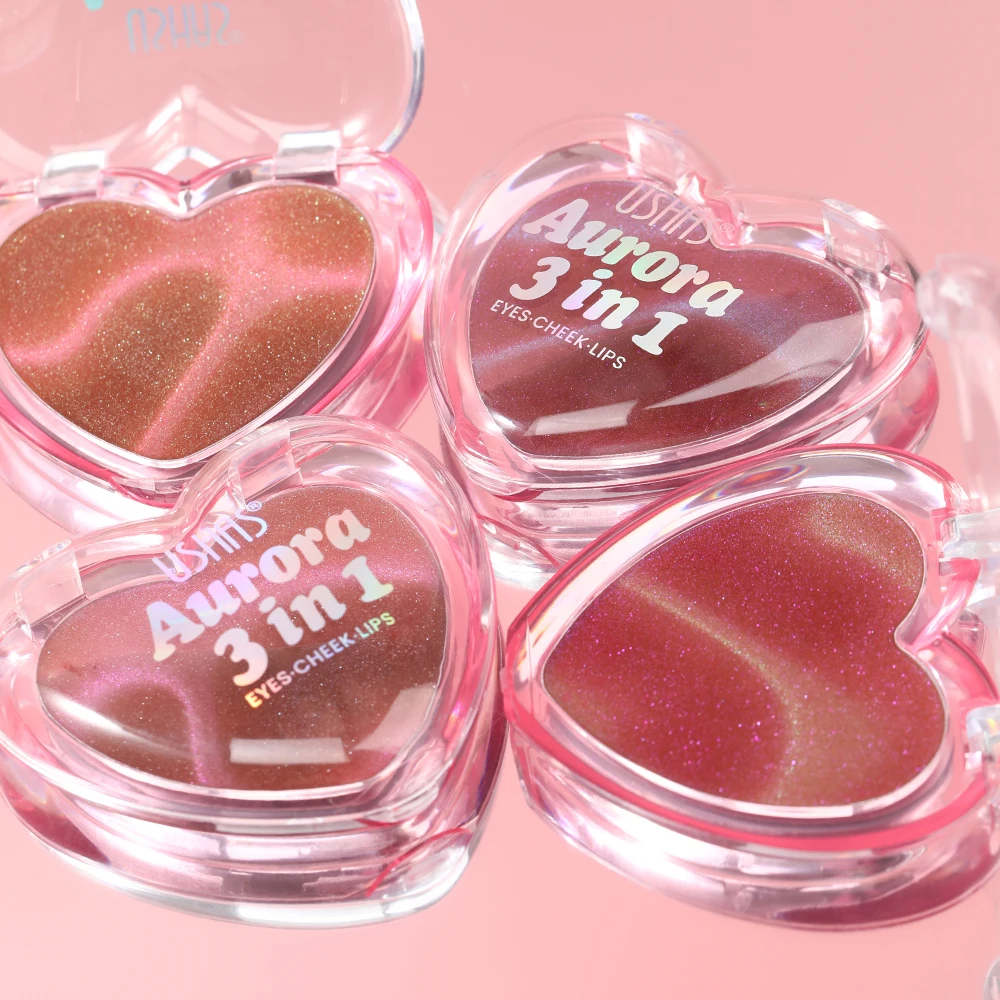 USHAS Rubor que cambia de color de triple función en forma de corazón: producto de maquillaje multiusos para ojos, mejillas y labios.