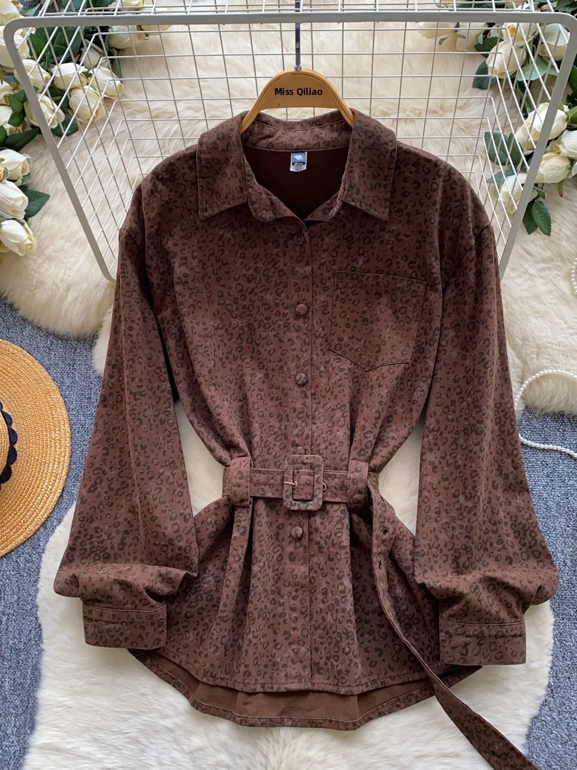 Retro Commuter Style Women's Long Sleeve Shirt Waist Cinched Leopard Print Loose Slimming Coffee Color High-End Feeling Top