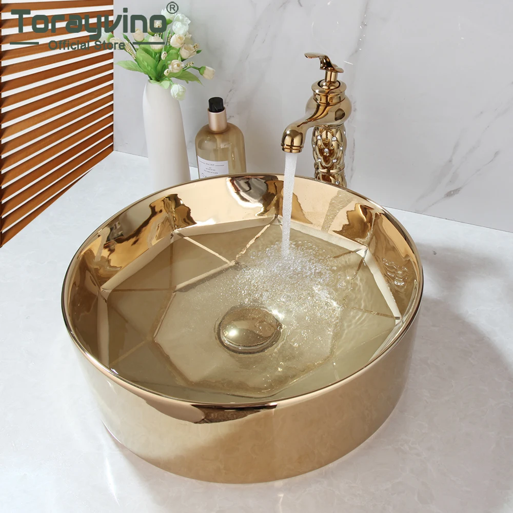 

Torayvino Round Gold Ceramic Lavatory Bathroom Combined Washbasin Vessel Basin Sink Mixer Faucets With Pop-up Drain Set