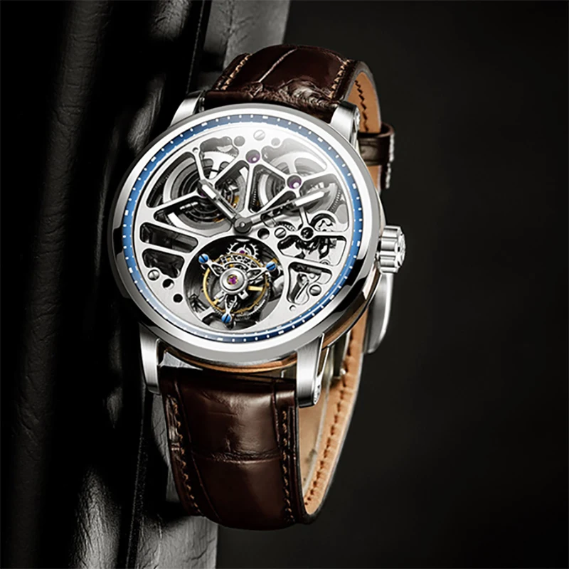 

Haofa автоматические механические винтажные мужские часы с турбийоном, стальной скелет с автоматическим заводом, часы с вращающимся механизмом для мужчин, роскошные 1930