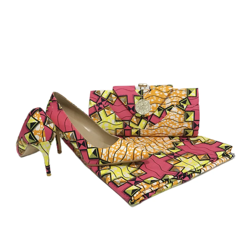 Pretty Pink Shoes And Purse African Soft Wax Prints Fashion Ankara Bag Match Wax Fabric Women High Heels Shoes 36-43 For Party