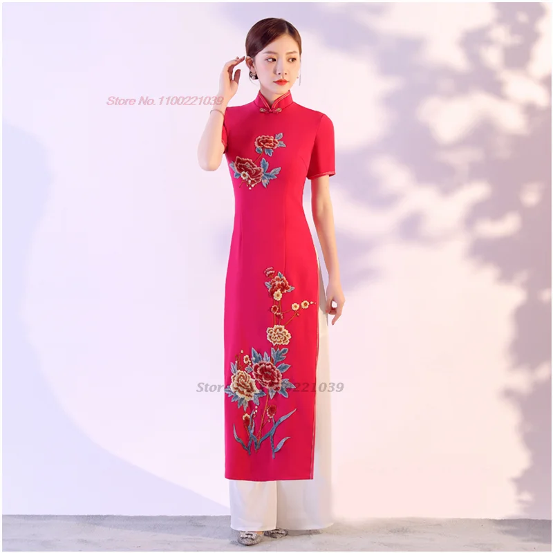 2024 tradizionale aodai set abito cheongsam vietnam + pantaloni set fiore nazionale ricamo abito qipao vintage elegante abito da festa