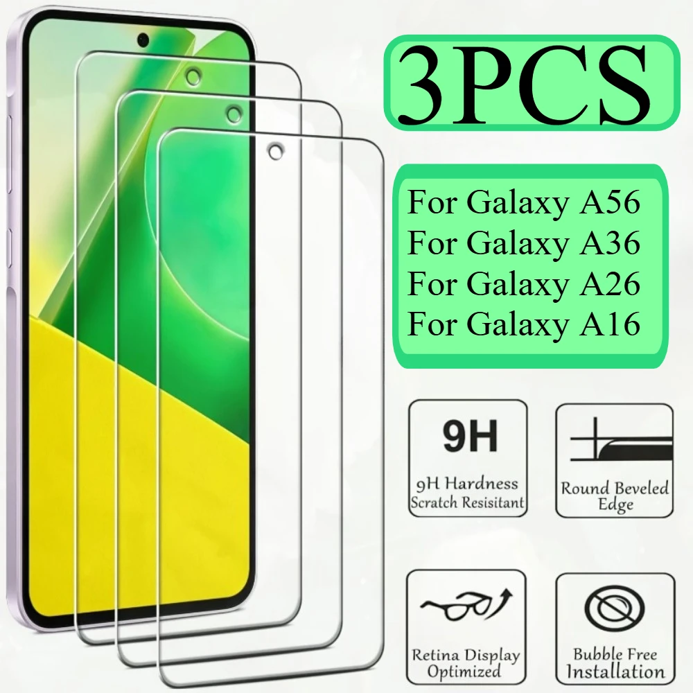 3Pcs Full Cover Screen Protector For Samsung A56 A36 A26 A16 A06 Tempered Glass For Samsung A05 A15 A25 A35 A55 Glass Film