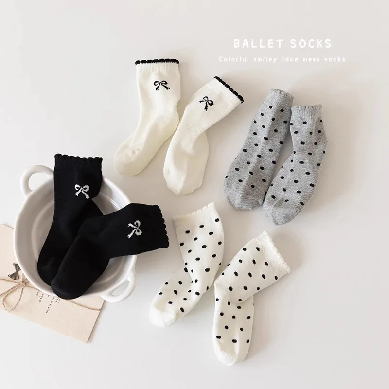 4 Pairs Cotton Kids Socks Bow Polka Dot Lace Trim Cute Princess Ankle Socks for Girls Ins Fashion Toddler Girl Casual Wear