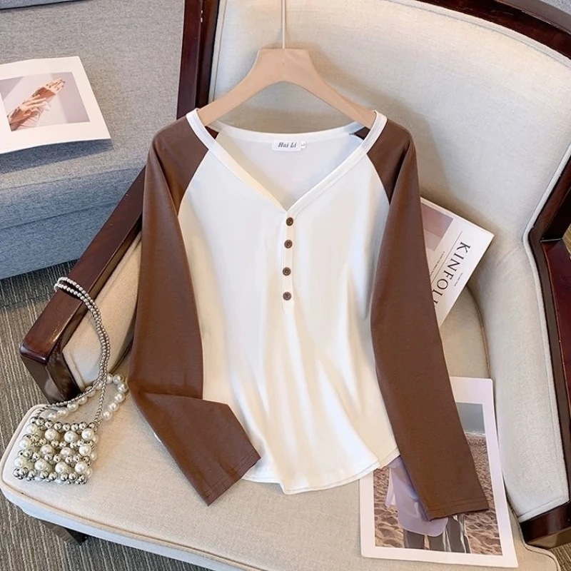 زر التباين المرقعة كم طويل بلايز عادية ربيع الخريف جديد الخامس الرقبة فضفاضة كسول نمط تي شيرت موضة الاتجاه ملابس حريمي