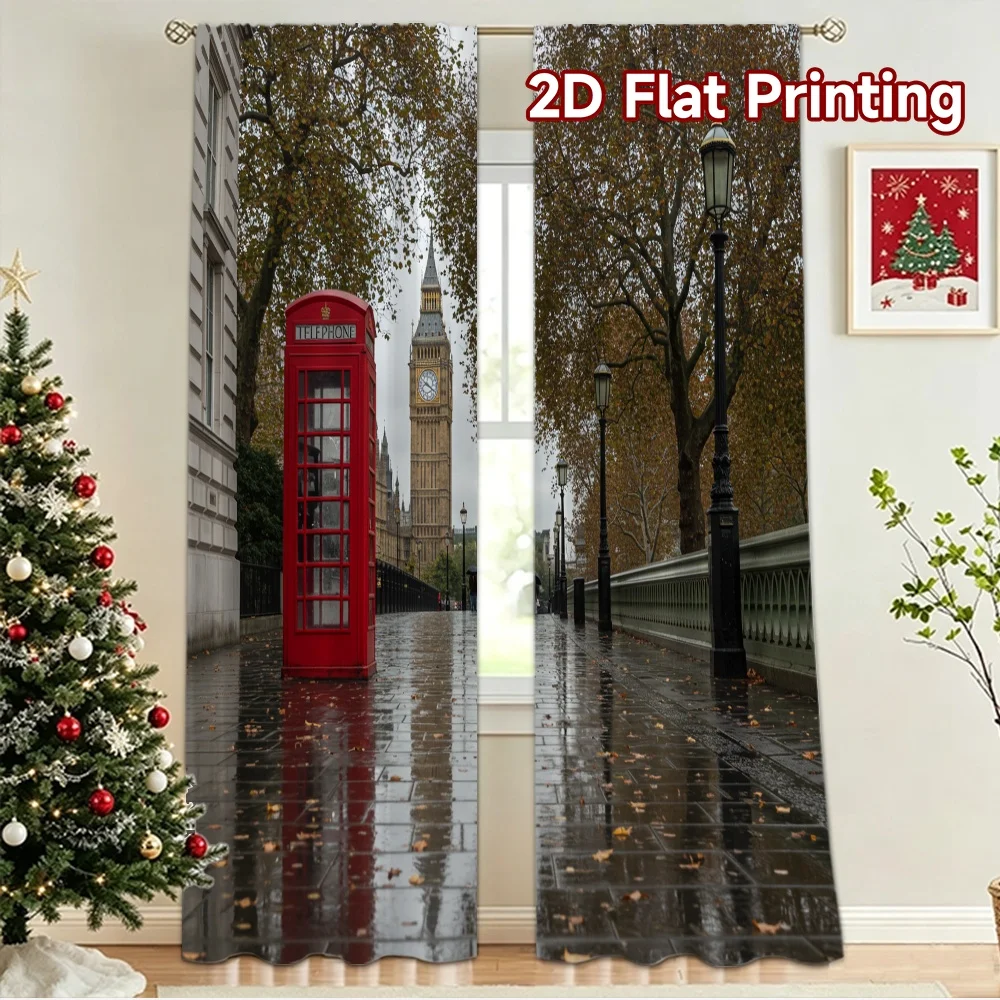 2D flat 2pcs Curtain Home Short Curtains London Rainy Street Scene Digitally printed polyester Party & Holiday Decor for All
