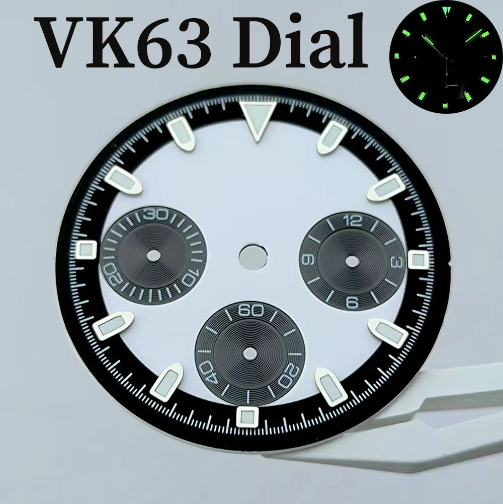 VK63 크로노 그래프 다이얼 29.5mm 맞춤형 로고 팬더 다이얼 녹색 빛나는 다이얼 맞는 VK63 쿼츠 무브먼트 시계 액세서리
