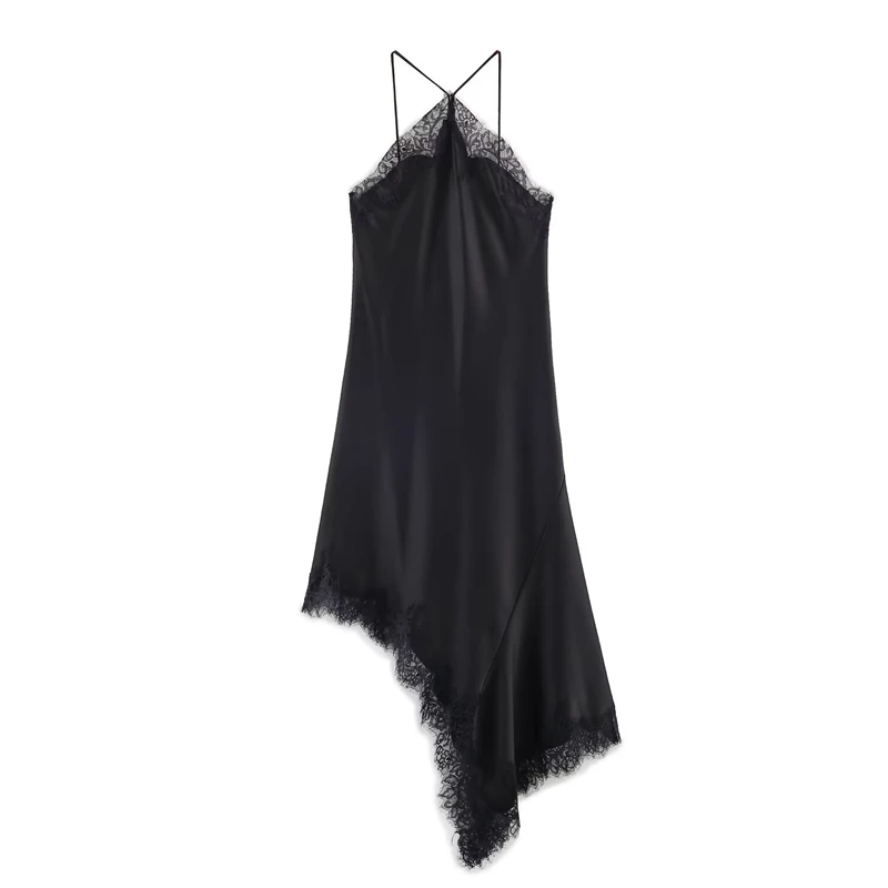 Elegant Black Satin Lace Trim Asymmetric Cami Dress for Women - Evening Party Cocktail Dress