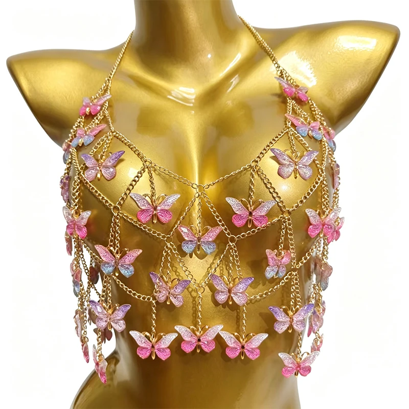 2026 Handmade Music Festival Crystal Beaded Statement Bra Mermaid Body Jewelry Pink Butterfly Pendant Body Chain Top Top