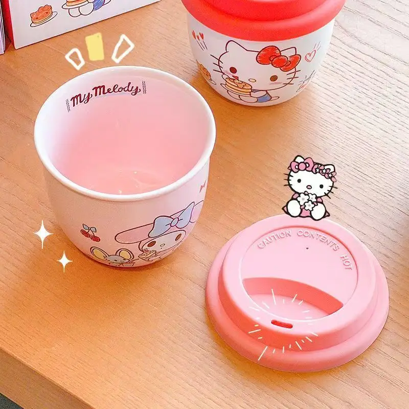 Kawaii Hello Kitty Kuromi My melody cartoon pattern coffee cup for women new ceramic casual cup with lid couple water cup