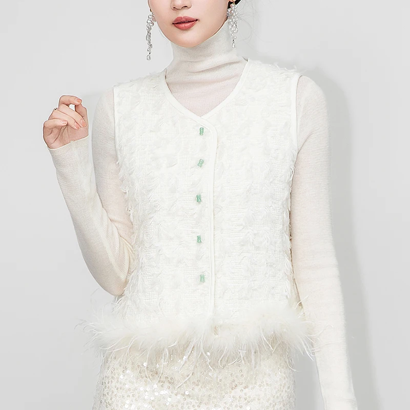 New Elegant Fashion Vests Coats Women Autumn Winter Sleeveless Jacket Short Coat Woolen Tweed Patchwork Feathers Woman Vest