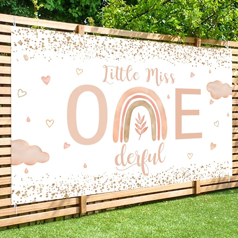 Little Miss Onederful Birthday Backdrop First Birthday Girl Party 1 Year Decoration Banner Flowers Rose Boho Rainbow Backgrounds