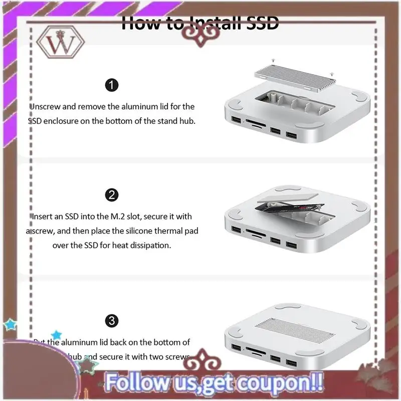

ABBG-для Mac Mini USB C-концентратор с корпусом M.2 SSD для Mac Mini M4/M4 Pro Подставка Type-C Док-станция USB3.2 SD/TF4.0