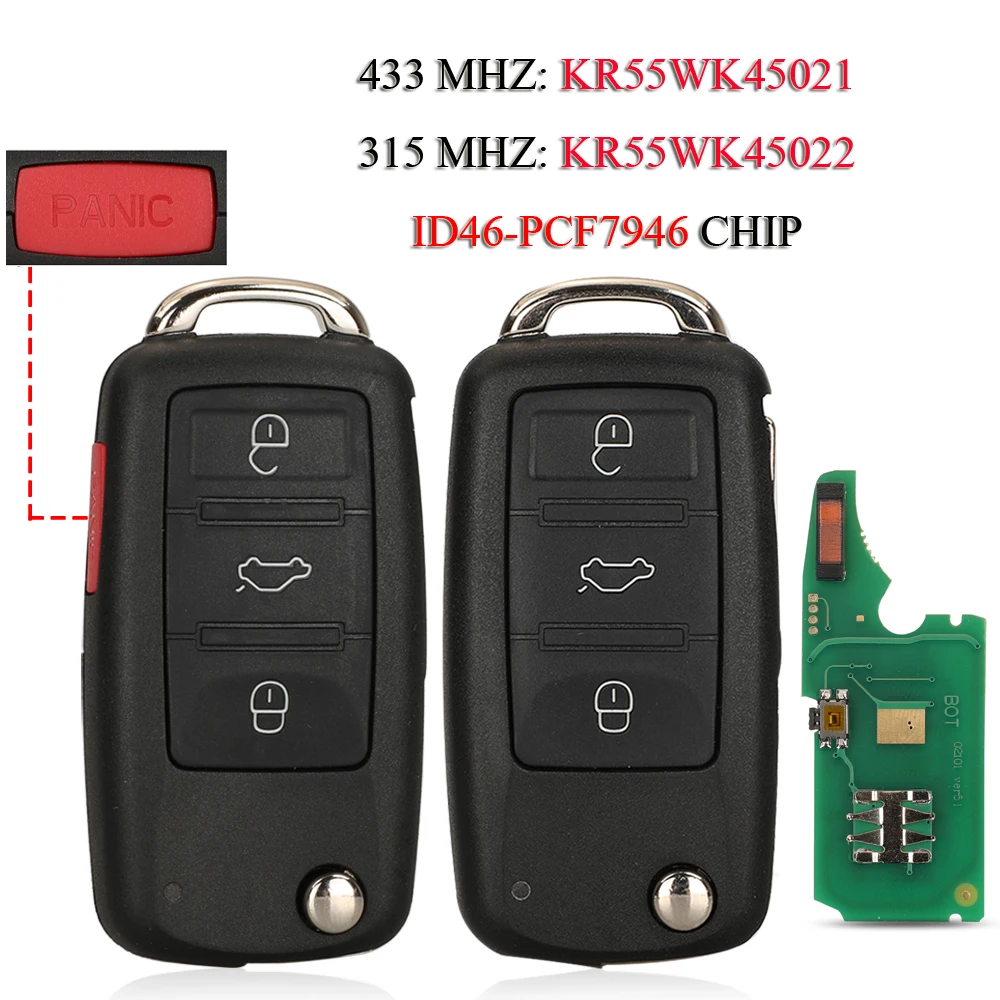 jingyuqin KR55WK45021/45022 Remote Car Key For VW/Volkswagen Phaeton Touareg 2002-2010 ID46 PCF7946 CHIP 315/433MHZ 3/3+1Buttons