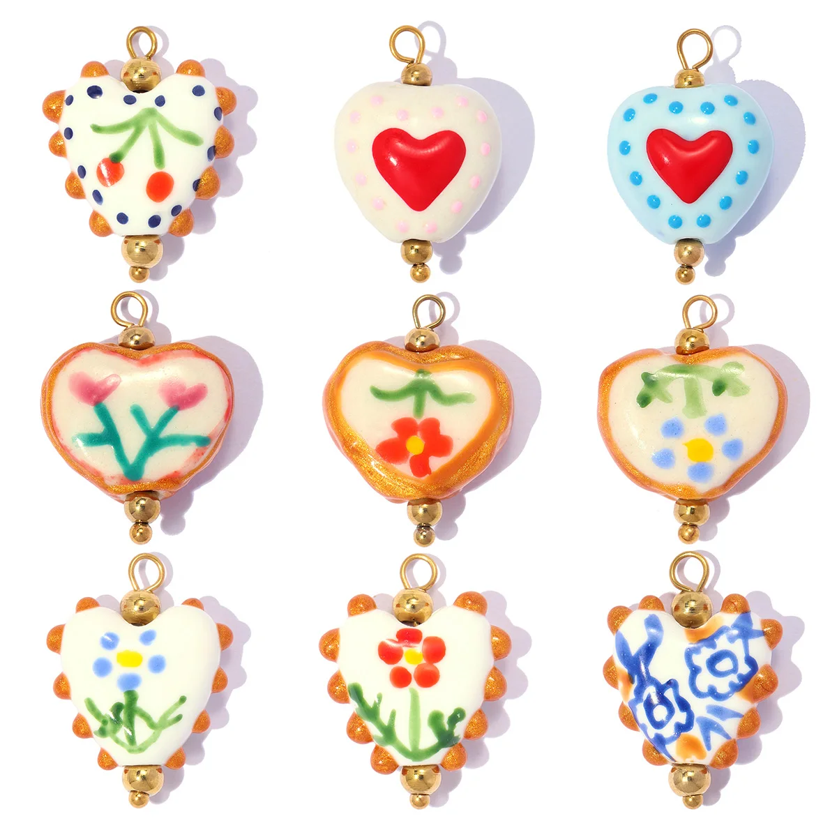 3pcs/Lot Stainless Steel Ceramic Cherry Flower DIY Earring Charms Love Heart Necklace Pendants Woman Shoe Accessory Jewelry
