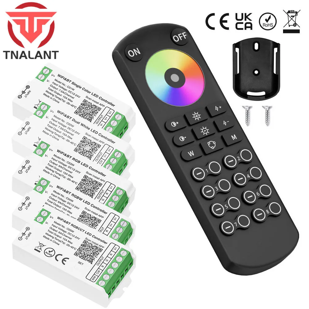 2.4GHz TUYA WiFi Bluetooth LED Controller Alexa Google Home Voice 4/8-Zone RGBCCT Remote Control DIM RGB RGBCCT LED Strip 12-24V