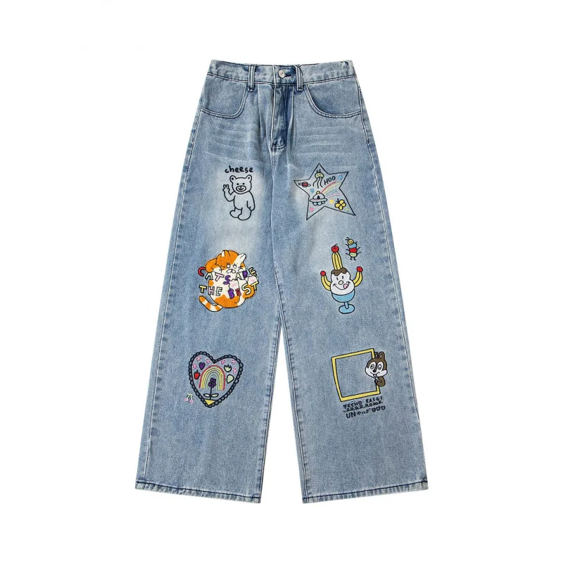 

DAVIDSHAO, размер ЕС, США, высокое качество, уличные уличные ретро-мультяшные вышивки, потертые прямые джинсы, широкие брюки унисекс