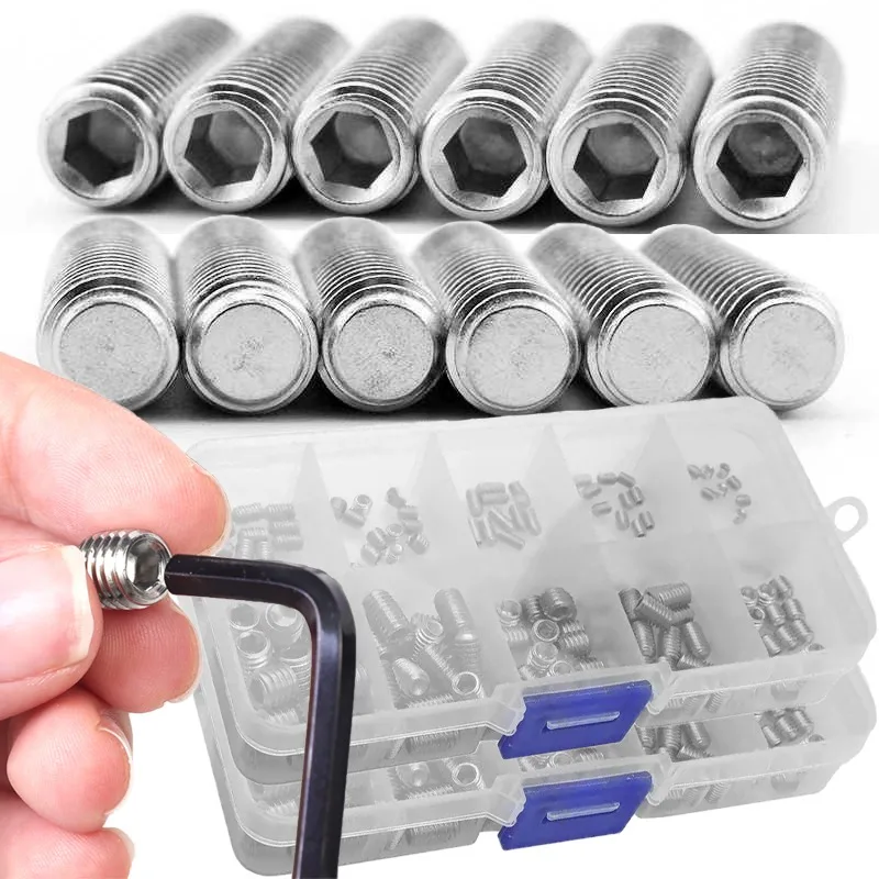 

1000/200pcs Flat-point Set Screw Fitting Assortment Stainless Steel Hex Socket Repair Inserts Hardware Fasteners M3 M4 M5 M6 M8