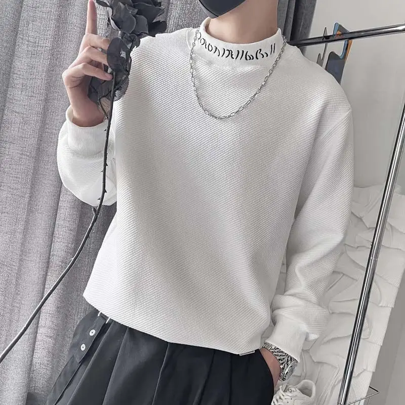 Autumn Winter Fashion Half High Collar Solid Color Men's Clothing T-Shirts Long Sleeve Pullovers Korean Embroidery Chaopai Tops