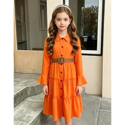 Summer Children Dress Casual Princess Dresses For 8-12 Years Kids Girls Orange Lapel Long-Sleeved Dress With Belt Cute Clothes