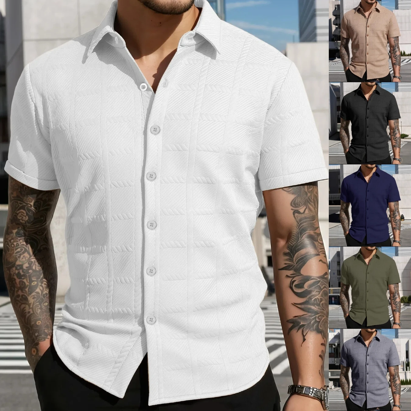 Summer new style men's collarless short-sleeved solid-color casual shirt, trendy and comfortable versatile men's clothing shirt