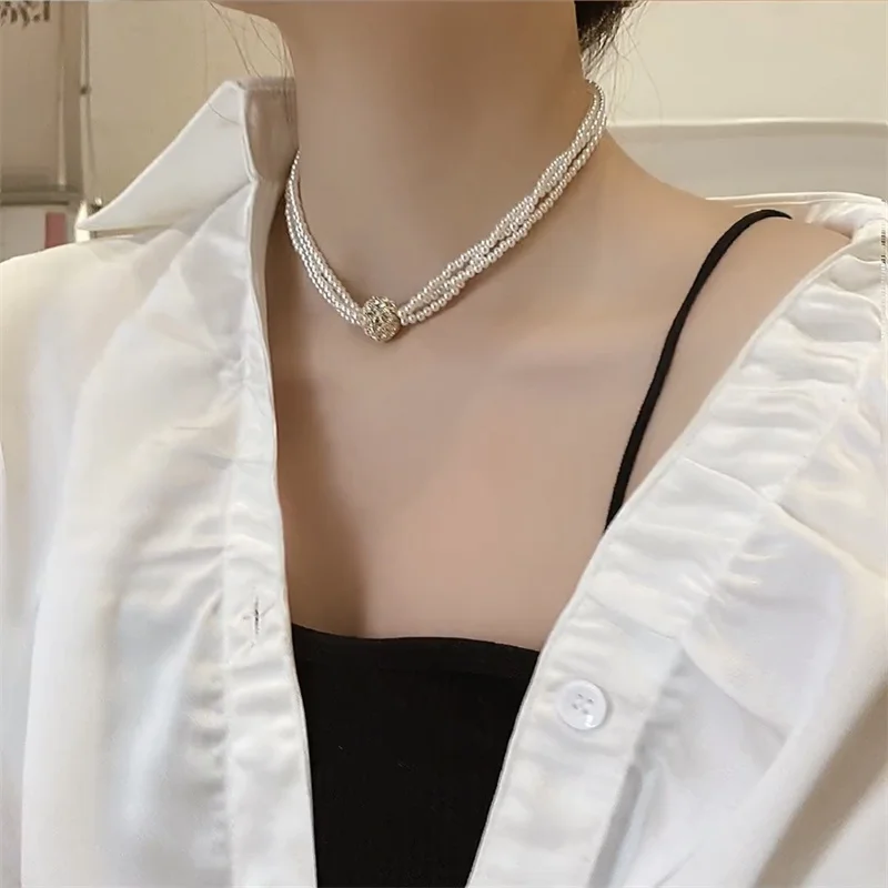 Charming Multi-layers Pearl Necklace For Lady Wedding Accessories Fashion Zircon Ball Magnetic Buckle Necklace Women Jewelry