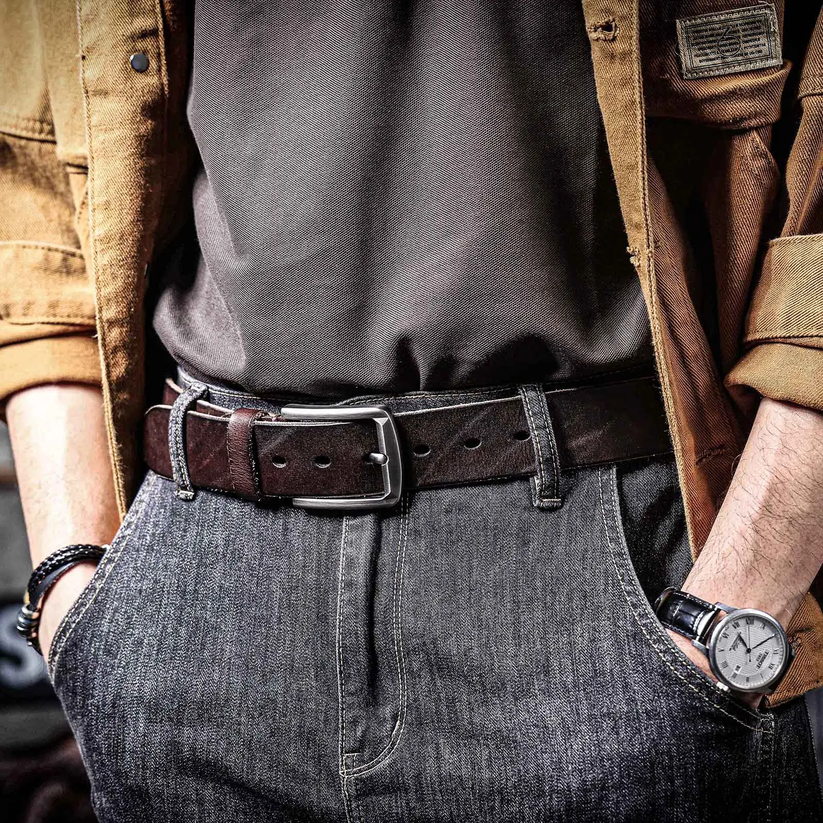 S.WORKER Klassischer Herrengürtel aus echtem Leder mit Dornschließe aus Legierung, Oberschicht aus Rindsleder, Retro-Freizeitgürtel für Jeans mit Geschenkbox – Detail 5