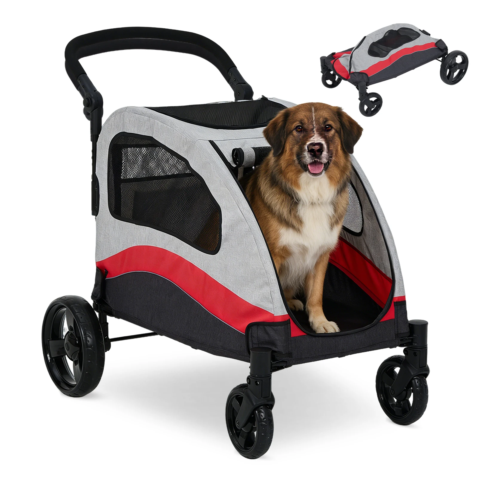Heavy Duty Double Dog Stroller for 2 Large Dogs Up to 160lbs – Collapsible Pet Wagon with Shock Absorbing Wheels, Breathable Mesh, Adjustable Handle – Outdoor Travel Carriage for Senior Dogs – Green/Red/Yellow