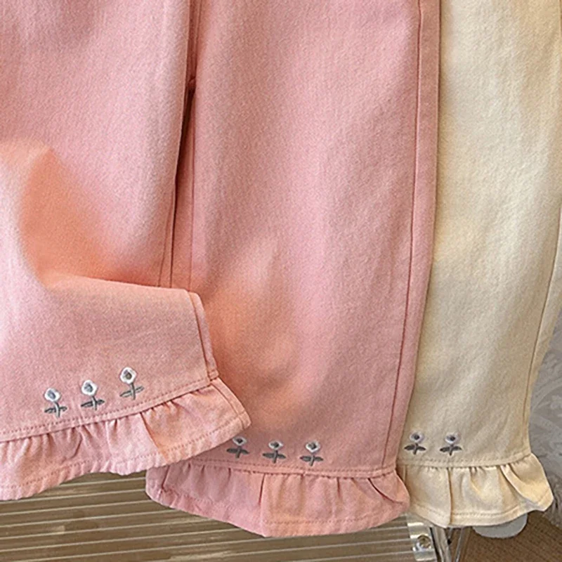 Koreanischen Stil Mädchen Casual Hosen Lose Breite Bein 9-Punkt Hosen Frühling Herbst Nette Blumen Stickerei Rüschen Manschetten hosen