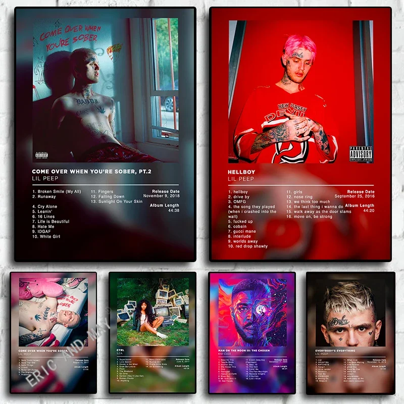 Pósteres de rapero Lil Peep, cubierta de álbum de música Pop Hip Hop, pintura en lienzo de cómic, carteles, imagen artística de pared para decoración de sala de estar