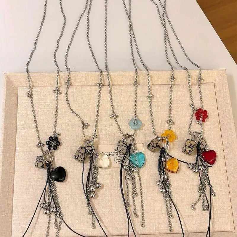 الأزياء الملونة كريستال القلب شرابة قلادة قلادة للنساء الفتيات رصدت المربعات سحر سلسلة طويلة الرقبة مجوهرات هدية #1