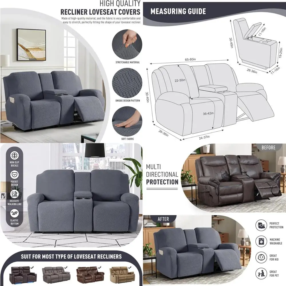 

Mid-Console Loveseat Recliner Slipcovers, 2-Seat Couch Protector with Striped Jacquard, Elastic Bottom for Kids & Pets (Dark Gra