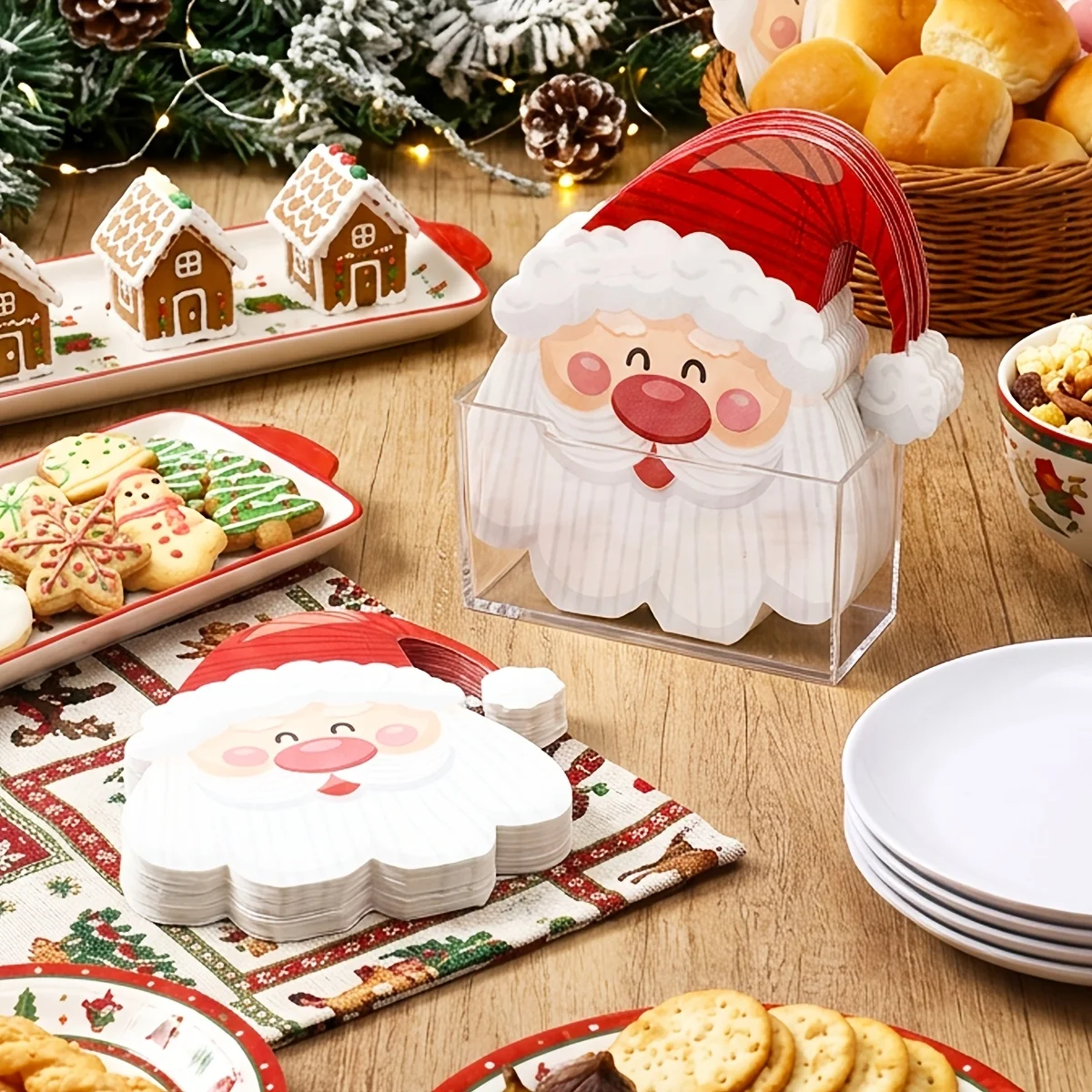 60 Pcs Christmas Paper Napkins, Cartoon Santa Claus Head Shaped Napkins, Xmas Decoration For Home, Xmas Gifts, Party Supplies