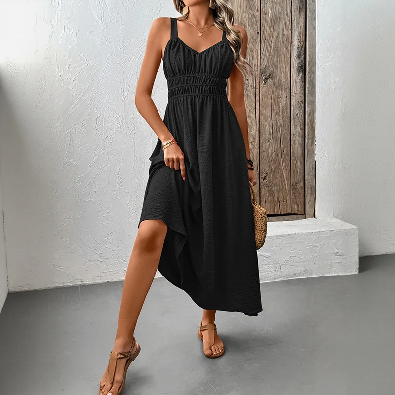 Vestido sin espalda sin mangas con cuello en V y tirantes de Color sólido para mujer de verano 2025