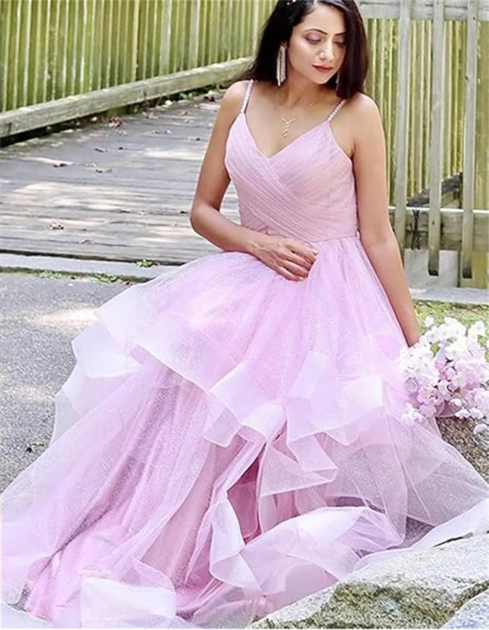 Customized V Neck Glitter Tulle Long Prom Dresses Spaghetti Straps Ball Gown For Women Puffy Tiered Formal Evening Party Dresses