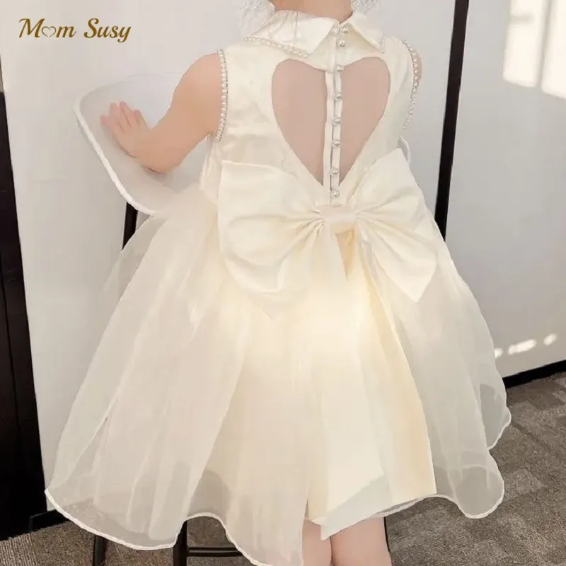 Baby Girl Princess Lace Dress Pearl Back Hollow Child Vintage Vestido Bow Party Wedding Pageant Birthday Baby Clothes 1-12Y