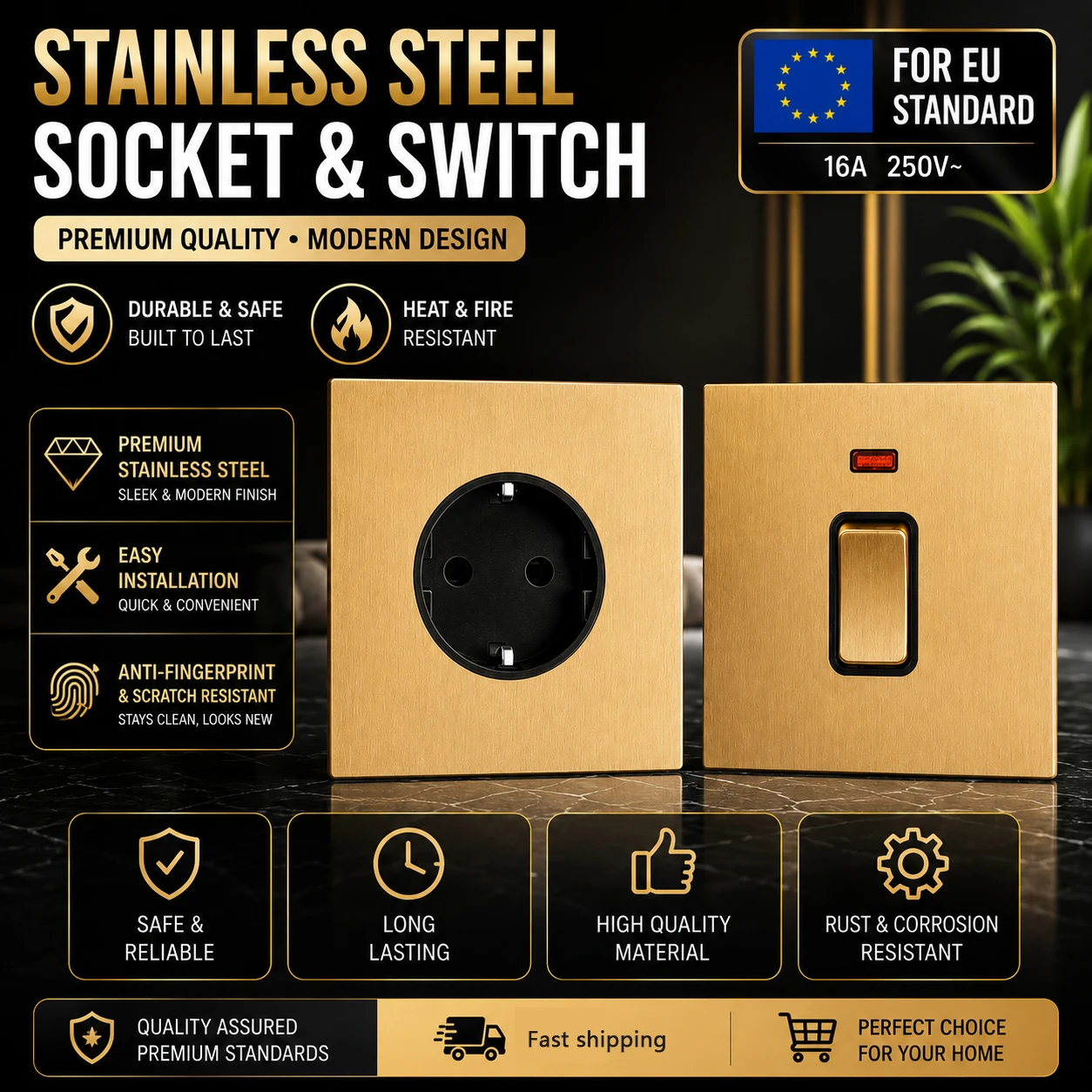 Gold Brushed Stainless Steel Metal Toggle Wall Light Switch EU FR UK Power Socket Middle Switch CAT6 USB AC110-250V 86mm Switch