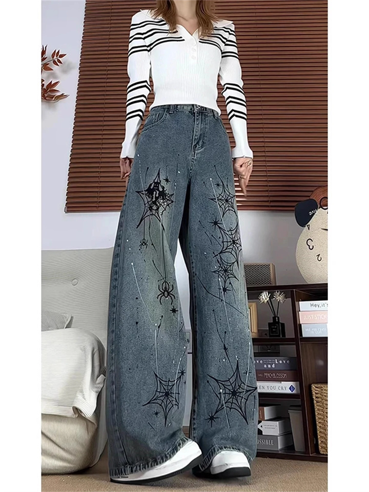 American Style Wide Leg Jeans Men's Autumn High Street Design Sense Straight Tube Pants Micro Flare Pants  Blade Print