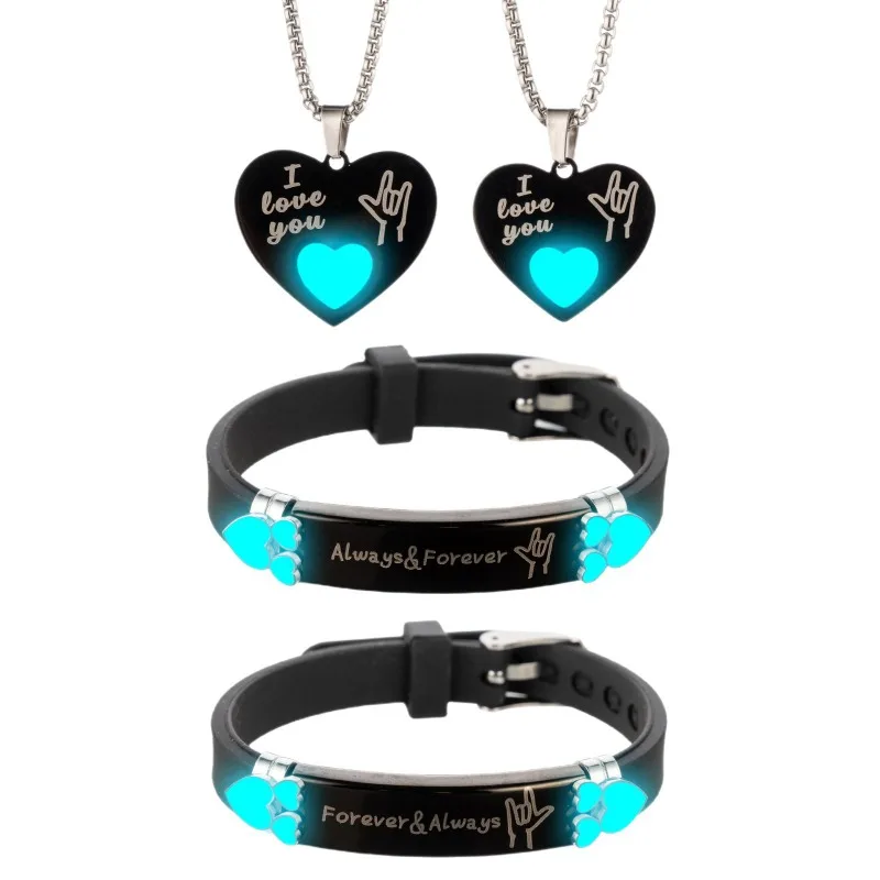 Luminous Couple Bracelet Necklace Set Sign Language I Love You Heart Jewelry Romantic Matching Set Gift for Him Her Anniversary