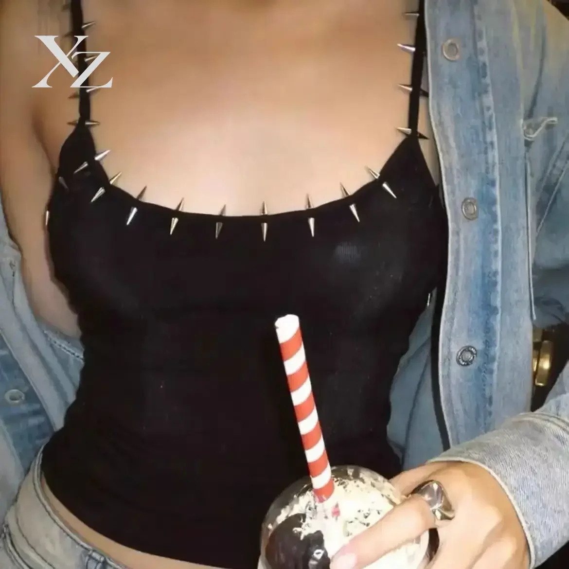 Studded Gothic Cotton Slim Fit Sleeveless Vest TShirt Women Edgy Euro Summer Y2k Unique Goth Punk Alternative Fashion Style