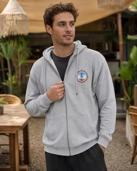 Men Zip Up Hoodie Vintage Mountain Pine Tree Pursuing Back Print Hooded Jacket Outdoor Casual Street Sweatshirt