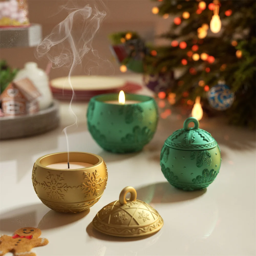 Nicole Christmas Ball Candle Jar Mold with Lid Bauble Light Storage Pot Gypsum and Concrete Silicone Mould Xmas Home Decor