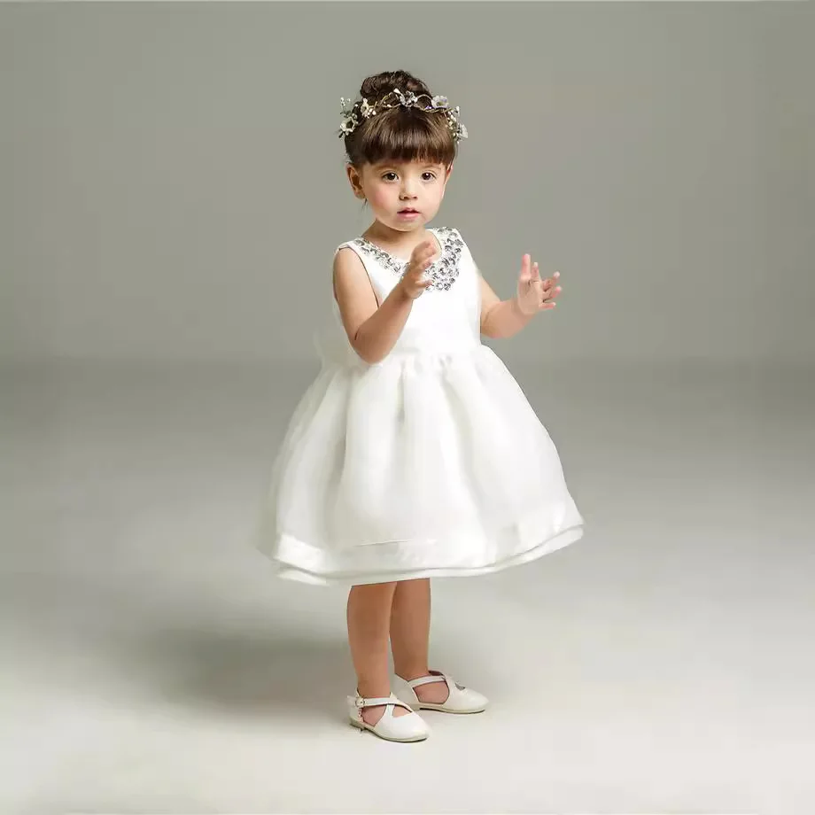 Rhinestone Satin Baptism Dress Big Bow Tulle Christening Gown Baby Girls Baby Shower 1st Birthday Naming Ceremony Formal Outfit