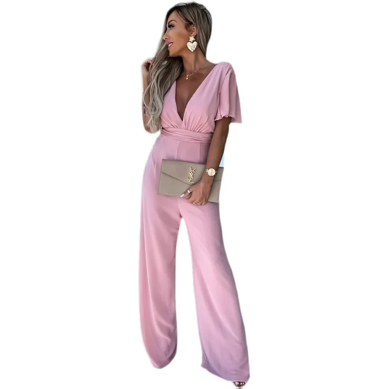 V-Ne Casual ort Sve Wide Leg Jumpsuit Street Sle High Waist Long Pants Polyester Fabric Summer 2023 Regular Thin