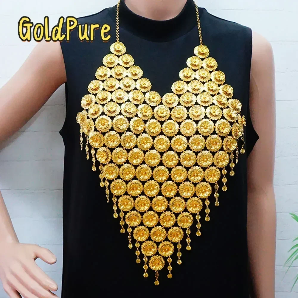 

Роскошный золотой комплект украшений Goldpure Luxurious Dubai: широкое ожерелье с кисточками и серьги для женщин, свадебный набор.