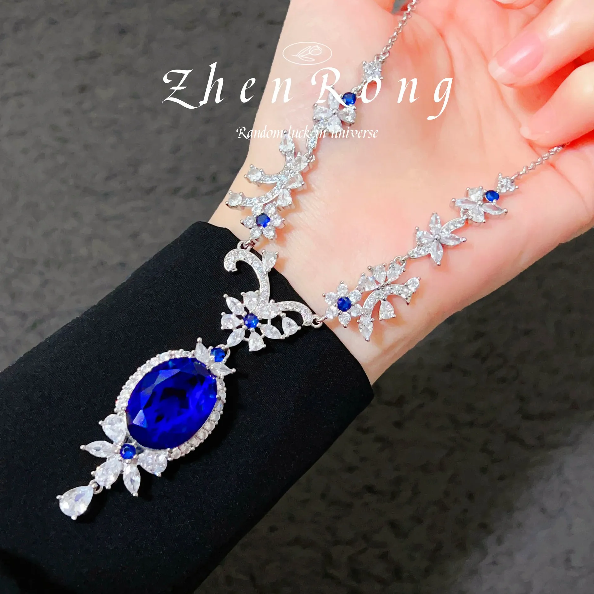 S925 Sterling Silver Necklace Ring Earrings Blue Light Luxury Premium Jewelry Set With Sapphire And Pink Diamond For Women