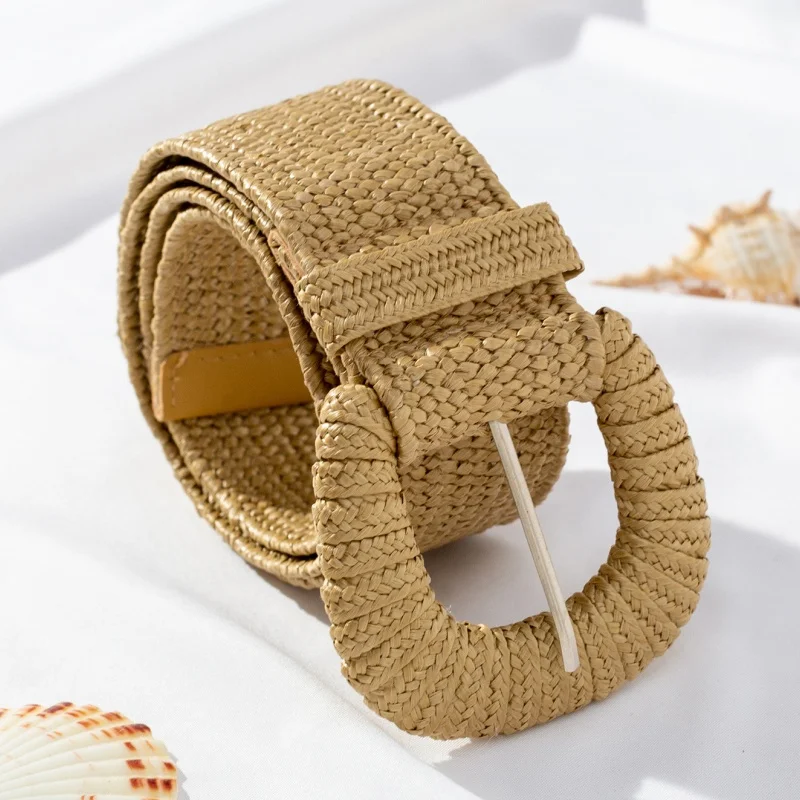 New Retro Women Summer Pin Buckle Belts Fashion Female Braided Wide Belts Designer Woven Elastic PP Straw Grass Girls Waistband