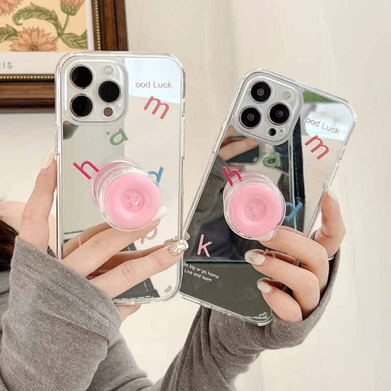 

INS Cute Button Letter Case For iPhone 16 15 14 13 12 Pro Max Mirror Stand Smooth Full Phone Cover